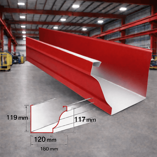 canaleta de aluzinc TR4 en color rojo Ral 3002, con dimensiones destacadas en un entorno industrial.