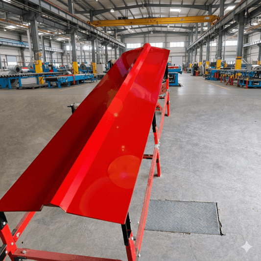 Cumbreras de aluzinc prepintadas color rojo Ral 3002 en taller, diseñadas para techos duraderos.
