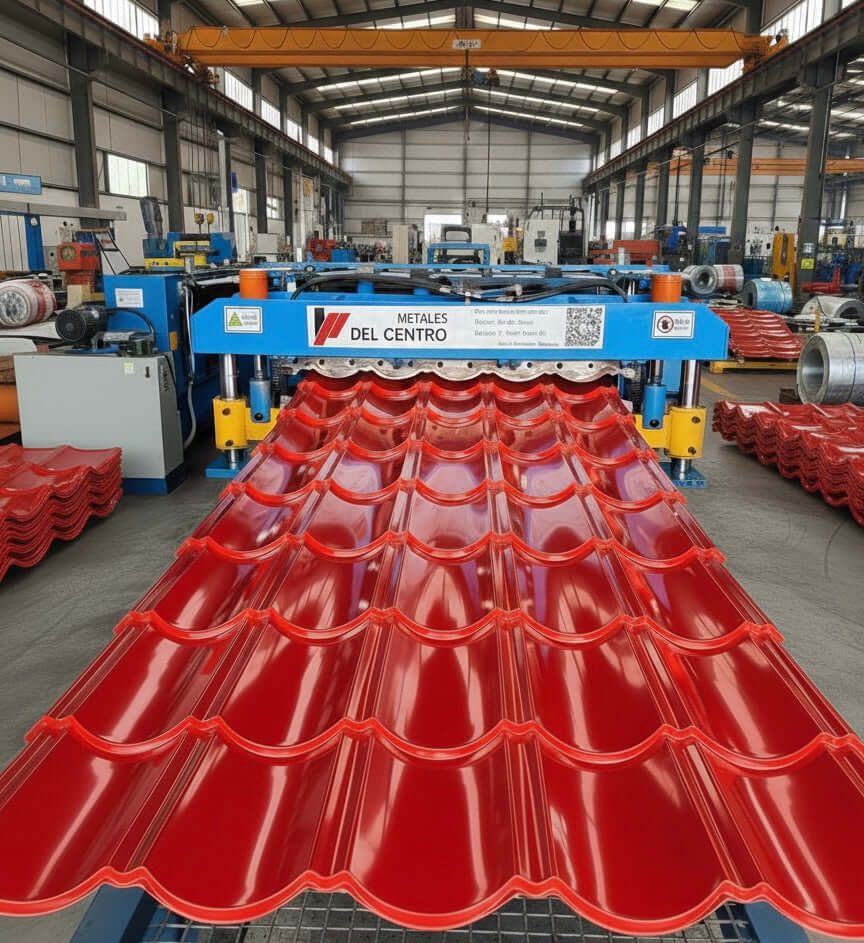 Cobertura aluzinc super teja color rojo RAL 3002 en proceso de fabricación en una planta de metales.