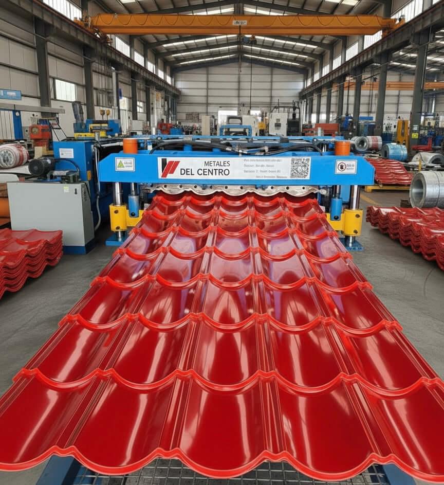 Cobertura aluzinc super teja color rojo RAL 3002 en proceso de fabricación en una planta de metales.