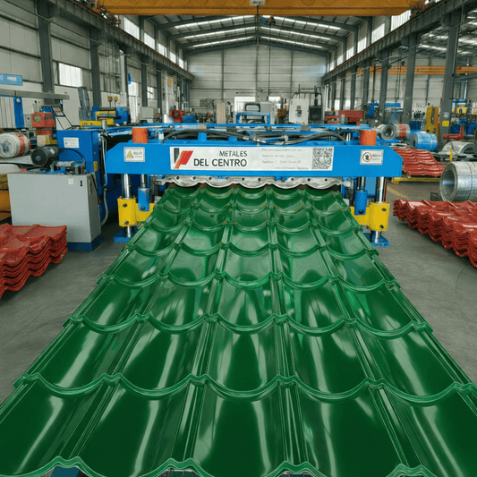 Proceso de fabricación de la cobertura aluzinc super teja en color verde Ral 6002 en una fábrica moderna.