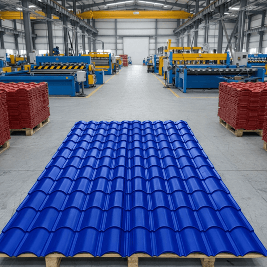 COBERTURA ALUZINC TIPO TEJA ANDINA, tejas de Aluzinc de color azul en un entorno de producción.