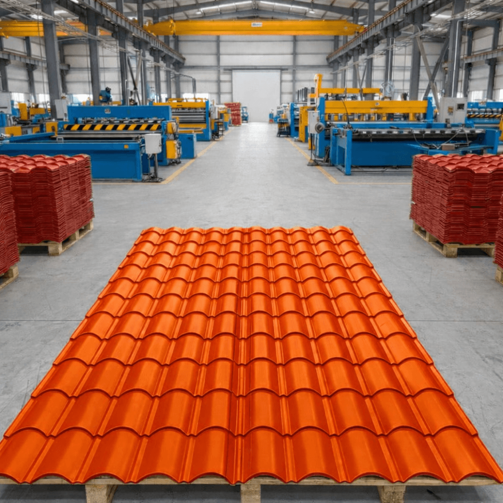 Cobertura Aluzinc tipo teja Andina en fábrica, mostrando la elegancia y colorido de las tejas de acero.