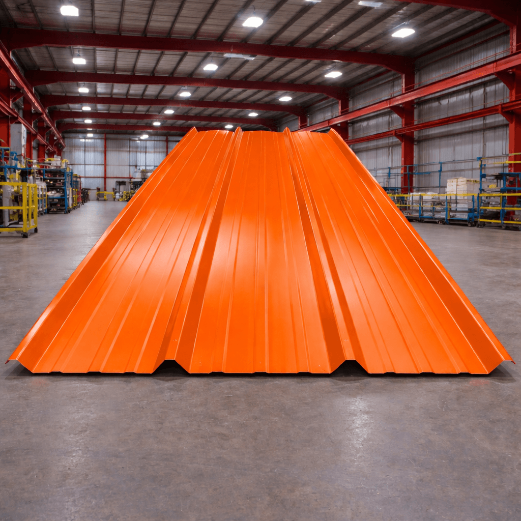 Cobertura Aluzinc TR4 resistente en color naranja Ral 2004 en un entorno industrial.