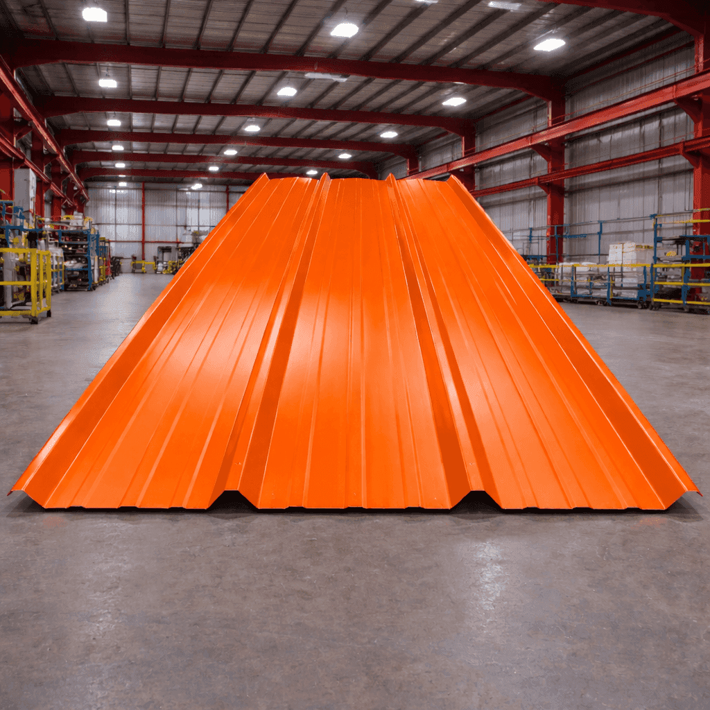 Cobertura Aluzinc TR4 resistente en color naranja Ral 2004 en un entorno industrial.