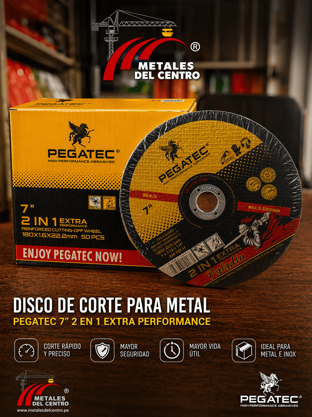 Disco de corte para metal de alta calidad PEGATEC 7' 2 en 1 extra performance para un corte preciso y seguro.