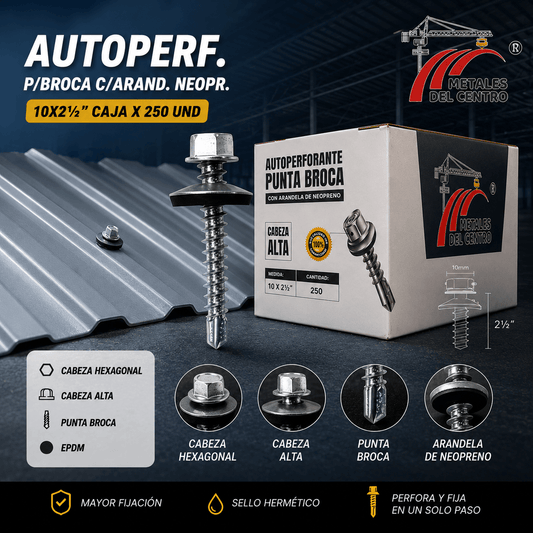Tornillos autoperforantes punta broca con arandela de neopreno, caja de 250 unidades para fijación metálica.