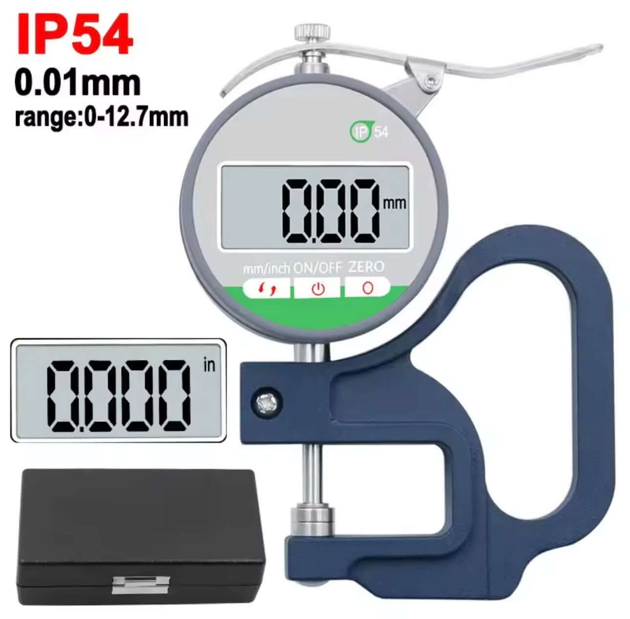 MICRÓMETRO DIGITAL IP54 de alta precisión con rango de medición de 0 a 12.7 mm y resolución de 0.001 mm.