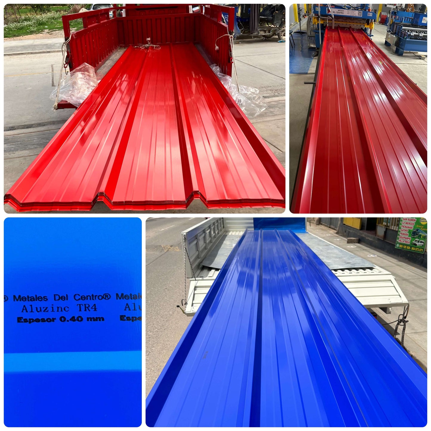 Imágenes de paneles Aluzinc TR4 planos en color rojo y azul, espesor 0.40 mm, ideales para techos residenciales e industriales.