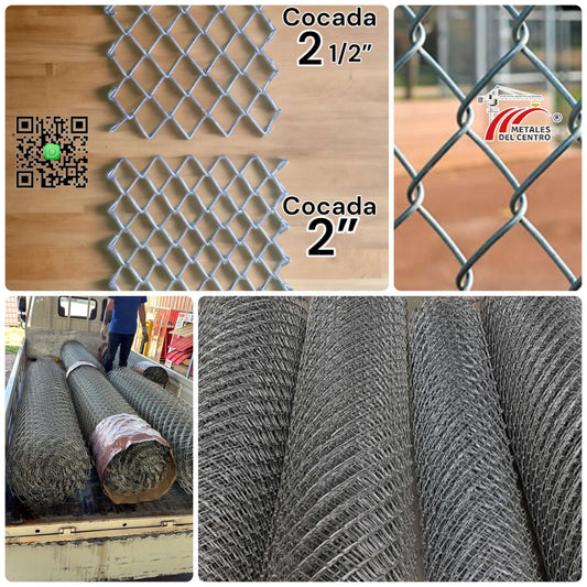 Malla olímpica galvanizada en rollos de 2m de alto y 20m de largo, mostrando diferentes tipos de cocada.