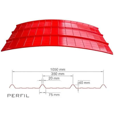 Techo curvado de Aluzinc rojo con perfil y dimensiones detalladas para fabricación metálica.