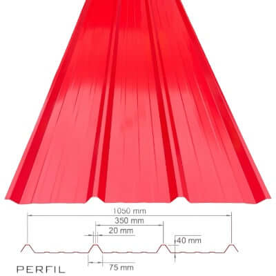 Teja de acero rojo de perfil trapezoidal, ideal para techos, con medidas de 1050 mm de ancho y 40 mm de altura.