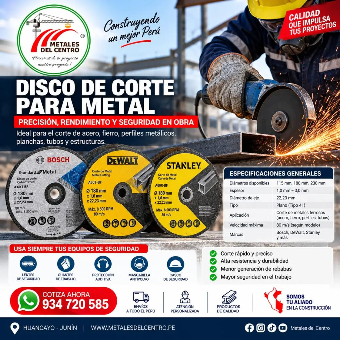 Disco de corte para metal especificaciones, precisión y seguridad en obra, ideales para corte de acero y metales.