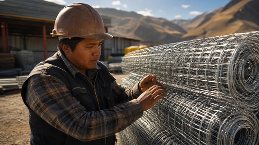 precio malla olímpica galvanizada 2026, trabajador revisando rollos de malla en un almacén de construcción.