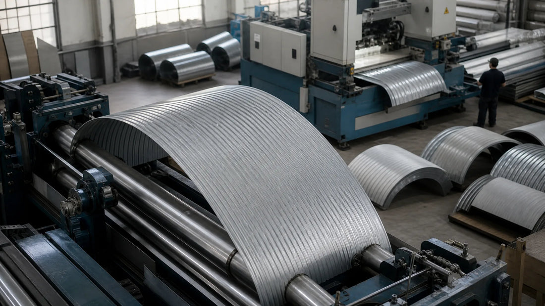 Proceso de rolado de cobertura TR4 curva en una fábrica, mostrando máquinas y productos finales.