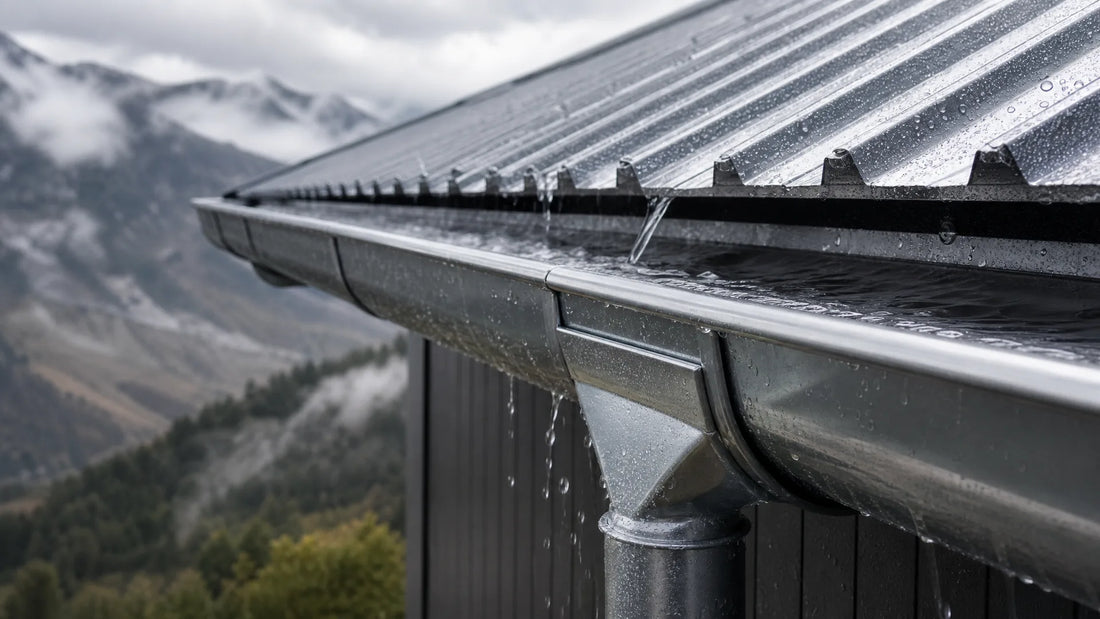 Canaletas de Aluzinc para techos metálicos con agua de lluvia en un paisaje montañoso.