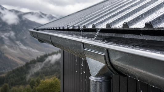 Canaletas de Aluzinc para techos metálicos con agua de lluvia en un paisaje montañoso.