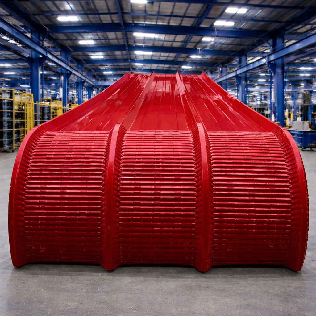 Teja Aluzinc roja tipo Rolado Continuo, con diseño curvo para techos y paredes, empleando tecnología CNC.