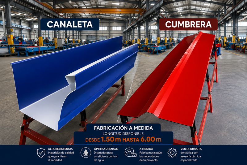 Imagen de canaletas y cumbreras metálicas a medida en un taller, fabricadas en Aluzinc y acero.