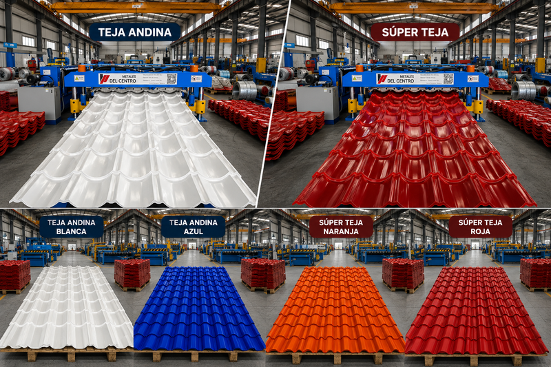 Teja Andina y Súper Teja a Medida en diferentes colores, muestra de fabricación en instalación industrial.