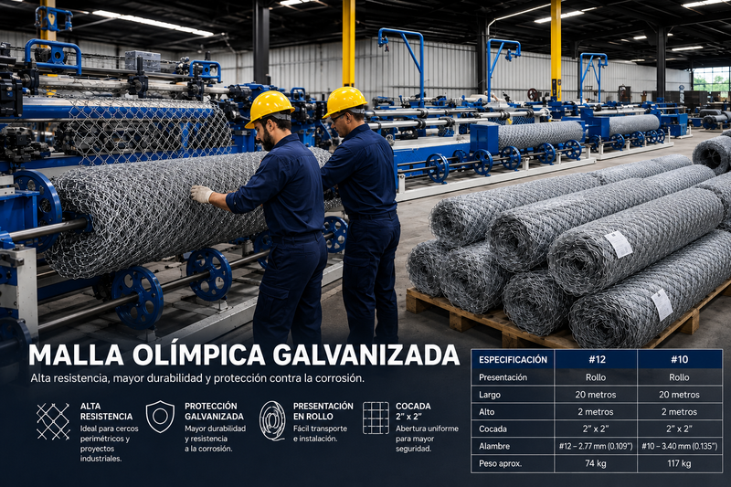 Malla olímpica galvanizada para cercos en fábrica, mostrando alta resistencia y durabilidad en rollos.