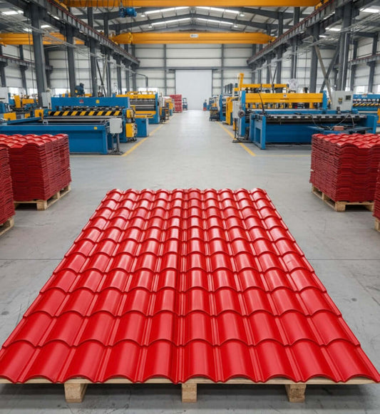 Cobertura Aluzinc tipo teja Andina en vista de producción en fábrica, muestra su diseño moderno y color rojo vibrante.