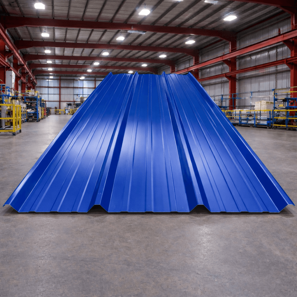 Cobertura Aluzinc TR4 resistente color azul Ral 5002 en un ambiente industrial.