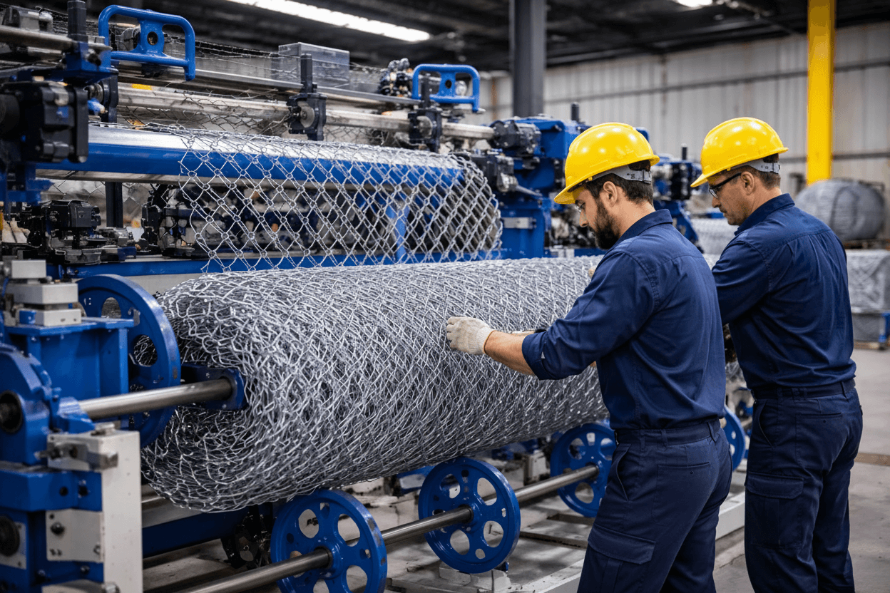 Operarios trabajando en la fabricación de malla olímpica galvanizada para cercos en una fábrica.